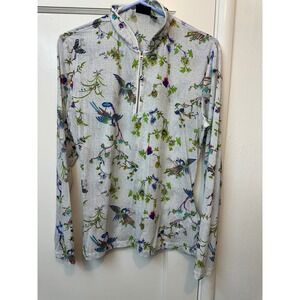Chervo Womens Bird Floral Print Quarter Zip Golf Top White Blue Green Size 42 44